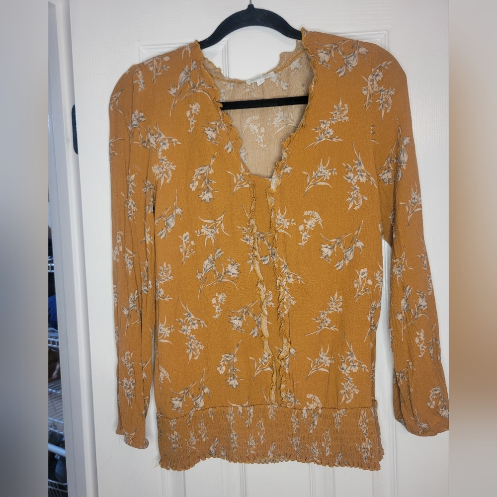 Olivia Grey Ruffled Long Sleeve Blouse Cinched Waist